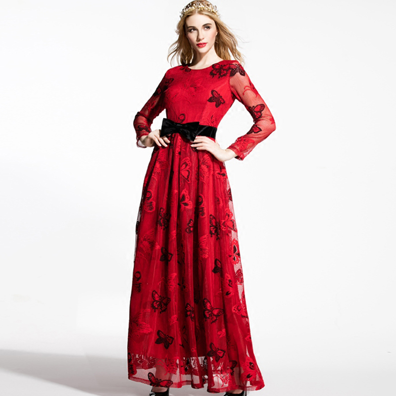 Cute Dress New 2016 Spring Fashion Women Brand Runway Full Sleeve Butterfly Print Bow Solid Red Maxi Long Mesh Princess Dress