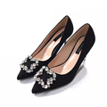 2017 New Black Pink Tan Suede Women s Heels 7cm Square Rhinestone Designer Shoes for Ladies
