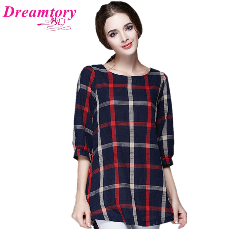 2016 Fashion New summer font b plaid b font Shirt Women Tops Half Sleeve Cotton Blouse