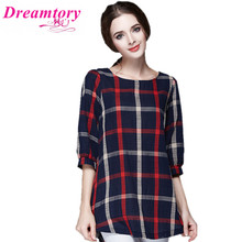 2016 Fashion New summer plaid Shirt Women Tops Half Sleeve Cotton Blouse Shirts Hot Sale 5xl Plus Size free ship DT5810