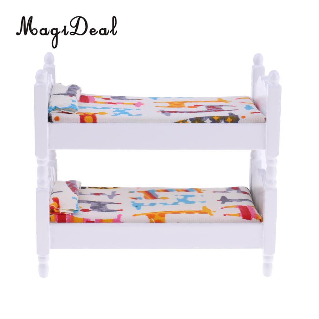2pcs 1 12 Dollhouse Miniature Wooden Bunk Bed Rocking Horse Set Bedroom Furniture Accessory Pretend Play Toys For Kids