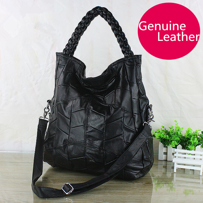 100% Women Handmade Handbag Sheepskin Patchwork Genuine Leather Woven Bags,Knitted Real leather Totes Big Black Messenger Bag