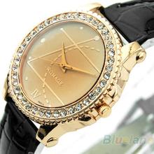 Mínima. 16 mujeres de moda pulsera cristal negro blanco cuero análogo del deporte del reloj caliente de la venta 02NB 2V88