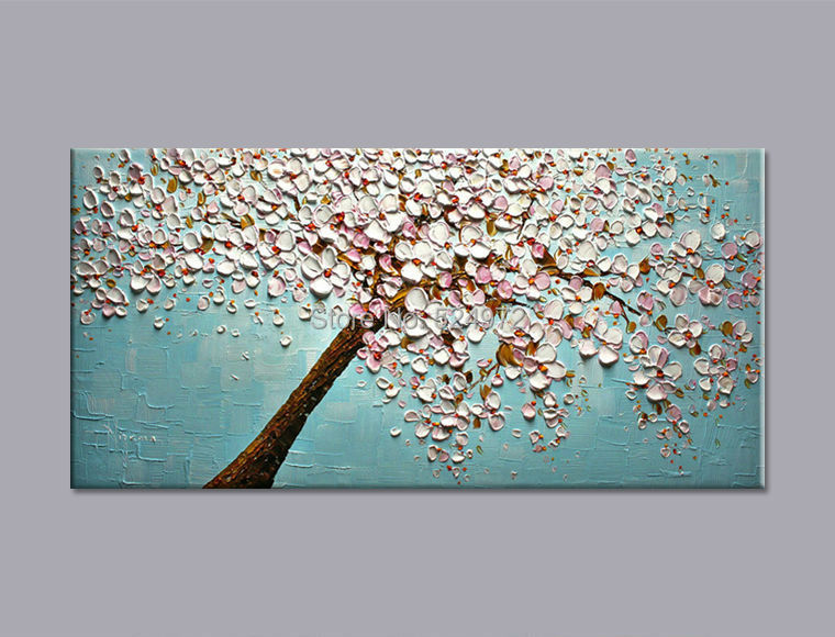 100% Hand-painted modern home decor wall art picture white pink Cherry Blossom tree thick palette knife oil painting on canvas