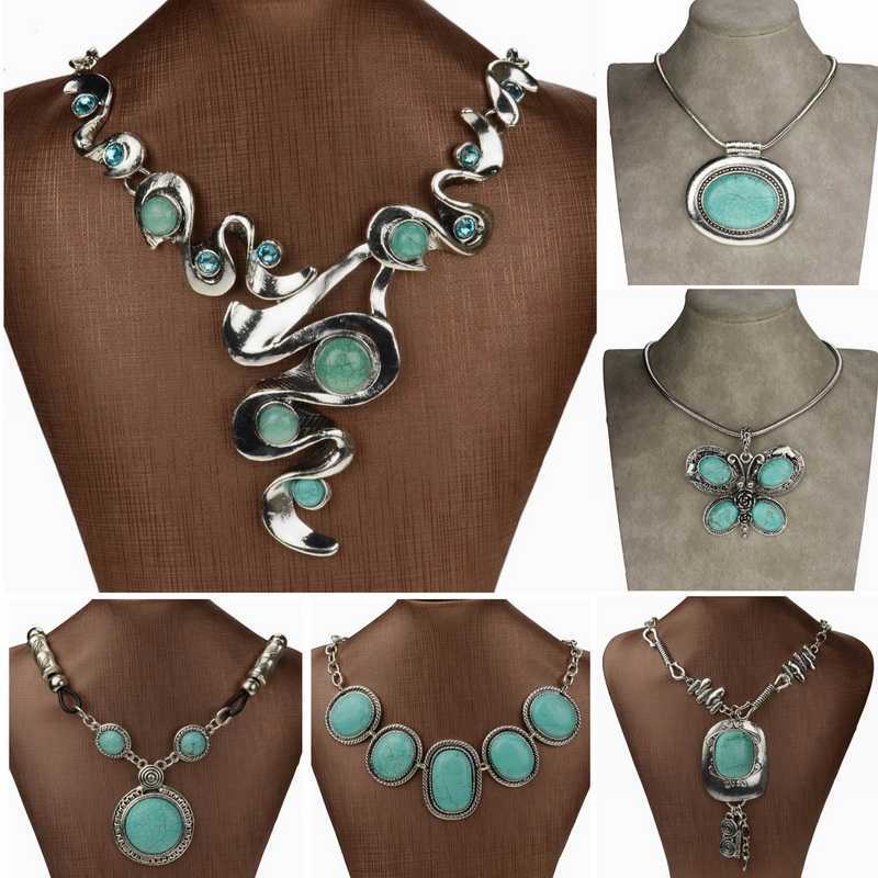 Nature Turquoise Necklace Vintage Sterling Silver Collier Femme Necklace Bib Pendant Necklace Fashion Jewelry For Women