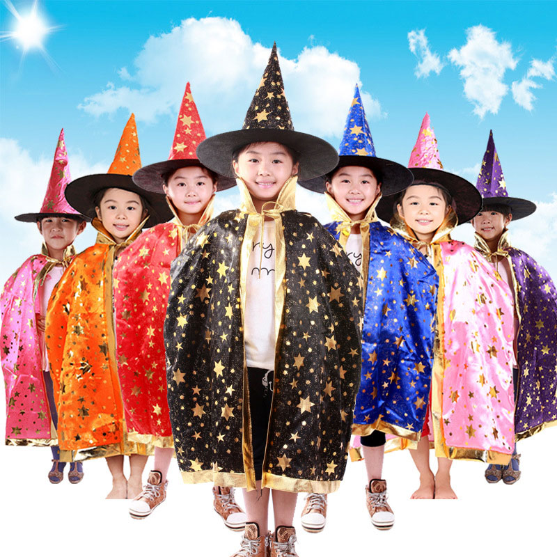 Boy Girl Kids Children Halloween Costumes Witch Wizard Cloak Gown Robe and Hat Cap Stars Fancy