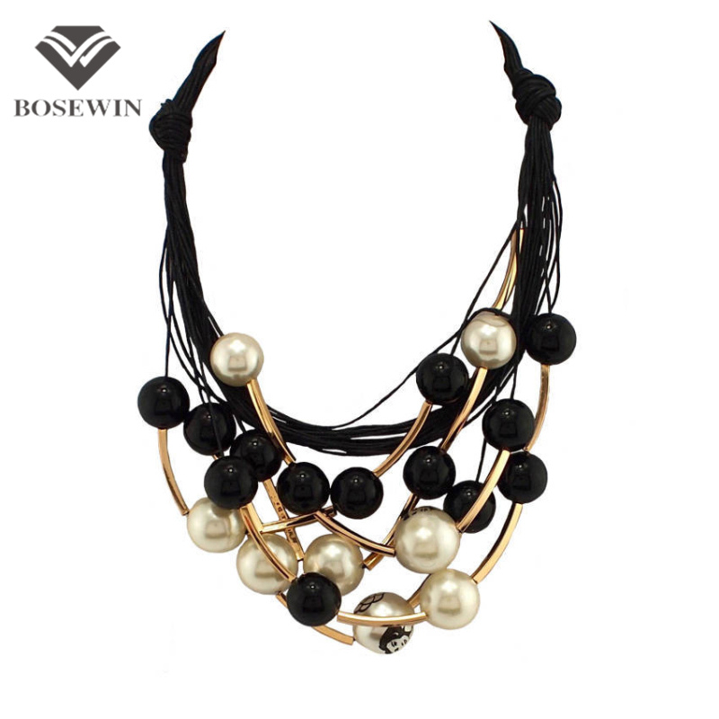 Maxi Jewelry imitation Pearl Necklace Black Rope Chain Bead Golden Tube Statement Collar Choker Necklace For