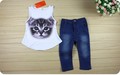 2016 Summer Children s Clothing Set Kids Jeans Suit Fashion Girls Cat Pattern Sleeveless Tops Jeans