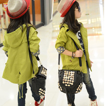 Retail 2015 children’s clothing female child spring and autumn casual solid color hooded double breasted trench child outerwear