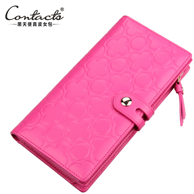 Women's wallet female long design genuine leather wallet  cowhide   clip pink peach lucky  clutch purses money clip
