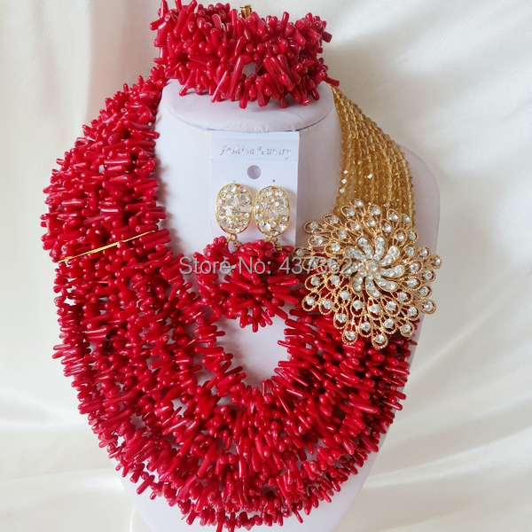 Handmade Nigerian African Wedding Beads Jewelry Set , Champagne Gold Crystal Coral Beads Necklace Bracelet Earrings Set CWS-422