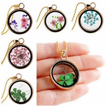Vintage Jewelry Natural Plant Real Flower Clover Floating Locket Charms Gold Plated Chain Neckalces Pendants For