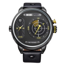 Weide WH-3409 hombre del cuero genuino de la correa de dos zonas de tiempo Display de cuarzo reloj deportivo – negro + amarillo