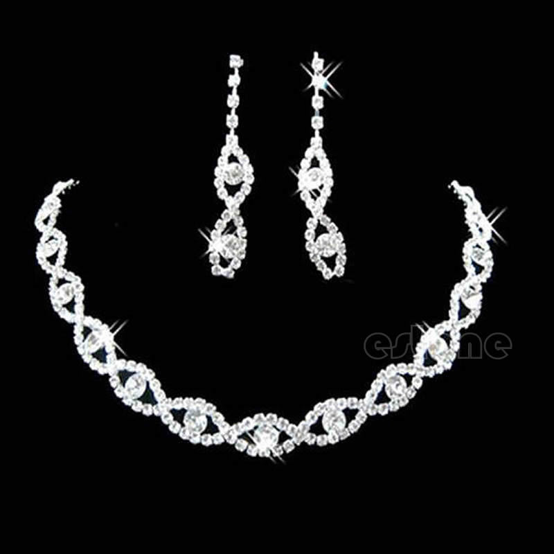 free shipping 1 set  Bridal Wedding Party Prom Jewelry Crystal Diamante Twisted Necklace Earring Set