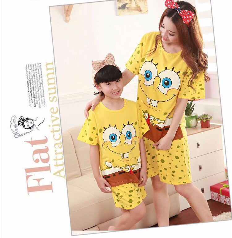 3 Matching Family Clothes Cartoon SpongeBob T-shirt+Short Pants Loose Family Set Clothes Mother Daughter Dad Son Matching Clothes