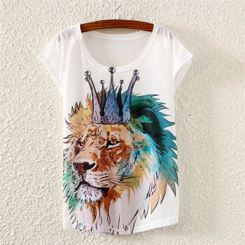 2016 Brand New Polyester T Shirt Women Short Sleeve t shirts o neck Causal loose Lion