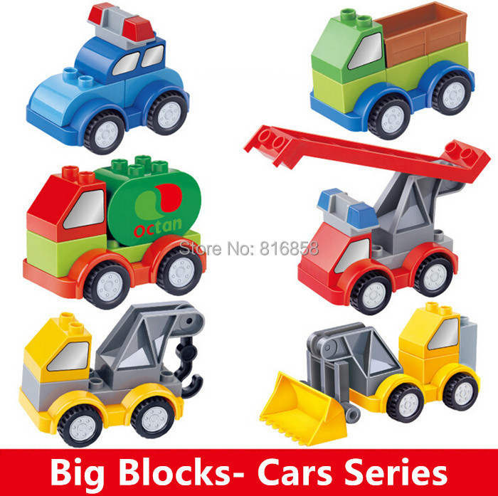 Retail 6 Kinds of Cars Blocks Toys Big Building Bricks Engineering Fire Rescue Police Car Series Compatible with Duplo Baby Toys