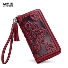 Women bag 2016 New genuine leather bag brands fashion quality Head layer cowhide embossed retro zipper wallets women clutch bag