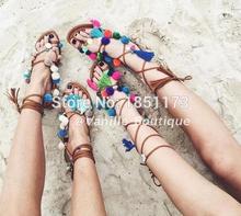 2016 Women flats stones Pom poms strappy sandals multi color summer gladiator sandals lace up fringed flats sandals free ship
