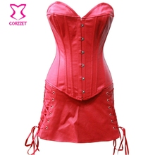 Fashion Burlesque Black Faux Leather Corset Tops And Skirts Set Sexy Gothic Corpetes E Espartilhos Slimming Corsets And Bustiers