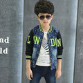High end autumn boy patchwork fashion blue denim coat slim jeans contrast denim jacket printed alphabet