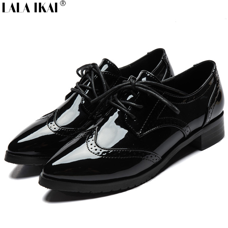 British Retro Oxford Shoes for Women Patent Leather Pointed Toe Flat Shoes Women Flats Brogues Women Oxfords Lace up XWR0035