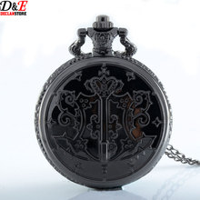 Vintage 45mm Dial Shiny Black Quartz Black Butler Anime Pocket Watch Boys Pendant Gift With Chain P317