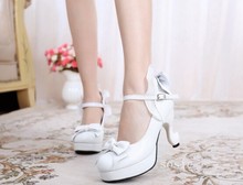 White Heels Women Lolita Shoes 2016 New Arrival Bow Heels Ruffled Design Free Shipping