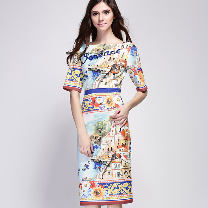 European Brand New 2016 Spring Fashion Women Blue Half sleeve Knee-Length Slim printed Flowers  Sequin  Letter Sweet Dress