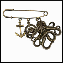 deep ocean sea anchor octopus charm brooch safety pin kilt pin compass BR007
