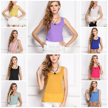 Wholesale 2015 Fashion New Summer Women Clothing Chiffon Sleeveless Solid Neon Candy Color Causal Chiffon Blouse