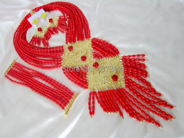 Handmade Nigerian African Wedding Beads Jewelry Set , Coral Beads Bridal Jewelry Set CWS-466