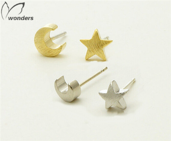 2015 Stainless Steel Silver Gold Plated Kids Gift Moon And Star Earring 10pairs/lot Free Shipping