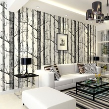 Birch Tree pattern non-woven woods wallpaper roll modern designer wallcovering simple black and white wallpaper for living room