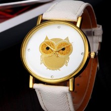 free shipping New Fashion Cartoon Owl Style Dress Gold Watch Women Clock Casual Wrist Watch Quartz Watches For Women Mens Gift
