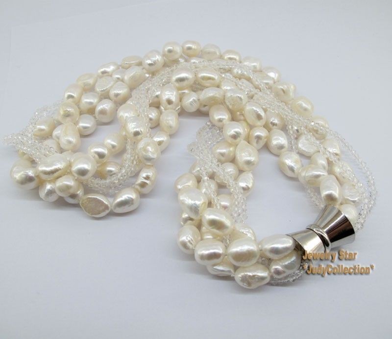 Wedding-Jewelry-Natural-White-Freshwater-Pearl-Crystal-6stands-Necklace(3)
