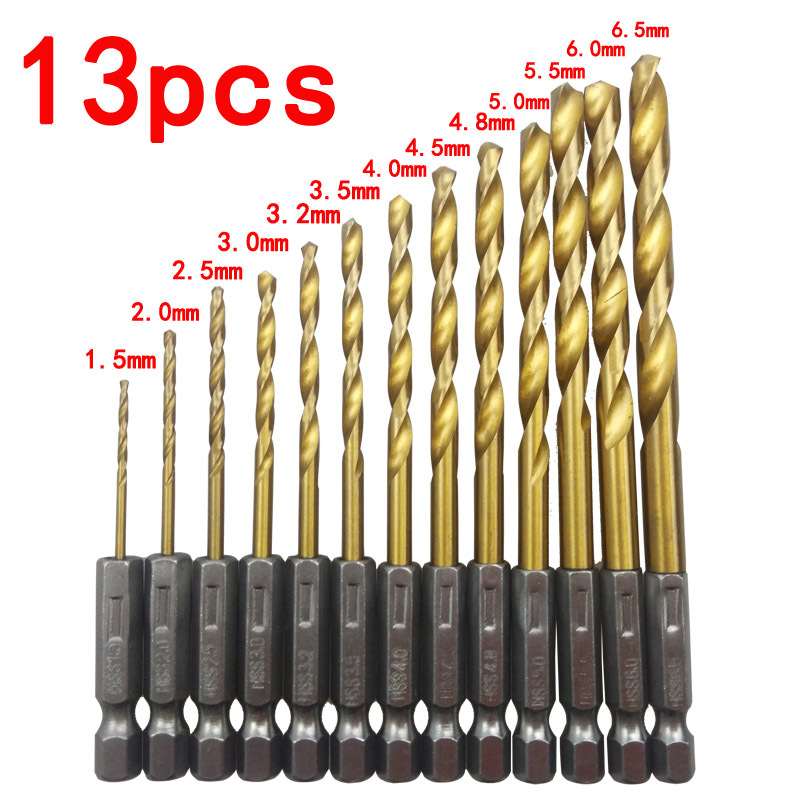 13pcs/lot High Speed Steel HSS Titanium Coated Drill Bit Set 1/4 Hex Shank 1.5-6.5mm tungsten carbide Twist drill bits