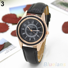 Men s Women s Rose Gold Plated Faux Leather Band Quartz Dial Wrist Watch 2EA5