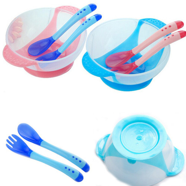 Baby Kids Learnning Dishes With Suction Cup Assist Food Bowl Sensing Spoon 1Set 3Pcs