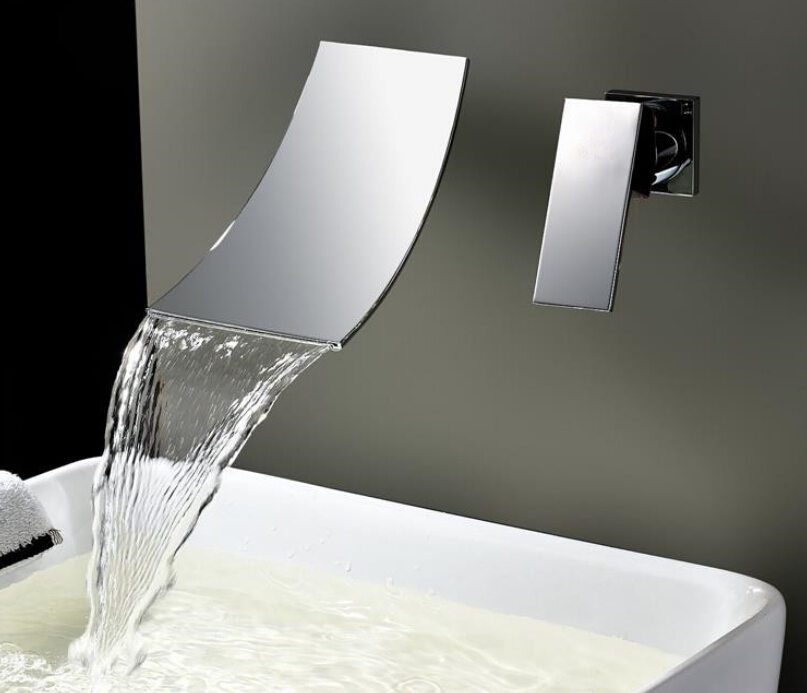 Wall Mounted Waterfall Bathroom Faucet Chrome Brass Spout Vanity Sink Mixer Tap