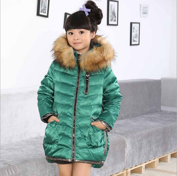 Retail 1 Pc New 2014 Baby Girls Winter Jackets Kids Coats And Jackets Children Duck Down Outerwear Fur Hooded Medium-Long CC1531