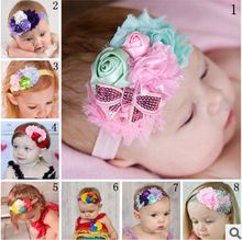 The new children’s baby hair band hair ornaments roses sequined chiffon bow elastic headband girls hair accessory free shipping