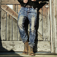 Mens Retro ripped jeans mens solid Washing denim jeans new Korean style casual trousers stretch man