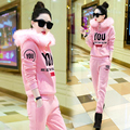 2016 winter new women suits big fur collar hoodies and long pants sets fashion letter printted