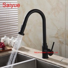 Hot 360 Degree Rotating Pull Out Black Marble Stone Polished Brass Swivel Kitchen Sink Faucet Deck Mounted Cuisine Mixer Taps