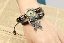 2015 del estilo punky Vintage verdadera del zurriago de cuero de dos capas de la correa de reloj stars-con-círculos butterfly charm bracelet pulsera de cuarzo