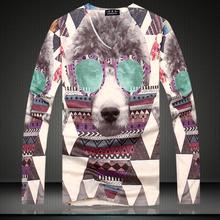 Dog Printing Shirt Long Sleeve 2015 Men’s T-Shirt Undershirt Fashion Tee Shirt V Neck Man Men Autumn Pullover Large Size M-XXXL