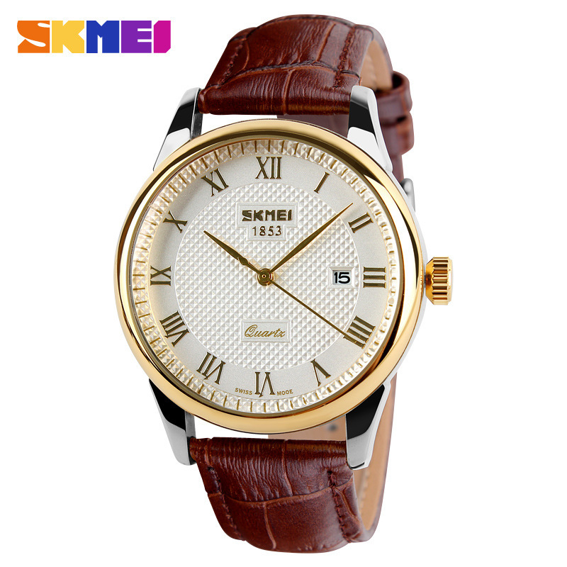 SKMEI Top Luxury Brand Mens Quartz Watch 30m Waterproof Genuine Leather Strap Calendar Watches Men Classic