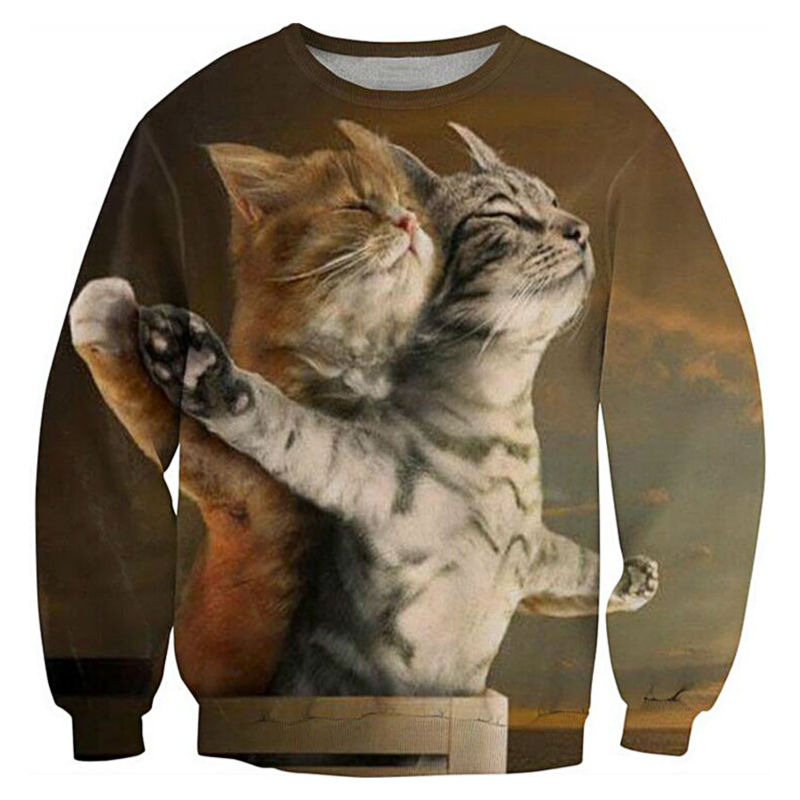 KDHJJOLY New Mens Fashion 3D Cat Print Longsleeve Pullover Sweater 