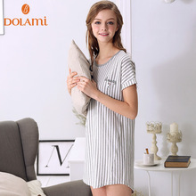 2016 Summer Brand Female Cotton Sleepwear Fashion Soft Striped Women O-neck Lounge Wear Girls Short Sleeve Loose Sleepshirt